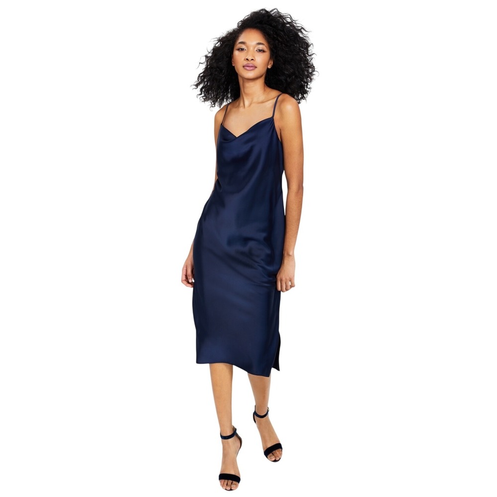 929. Bar III Women's Draped Satin Slip Dress Navy Blue Size XS Elegant Occasion